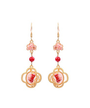 Load image into Gallery viewer, Unique Pink Copper Overgild Jade Enamel Lotus Floral Drop Earrings