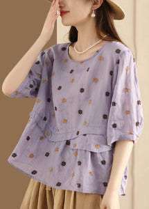 Unique Purple O Neck Embroidered Patchwork Linen Blouses Summer