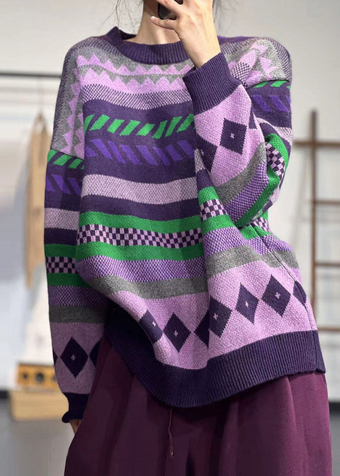 Unique Purple O Neck Print Cozy Thick Knit Sweaters Winter