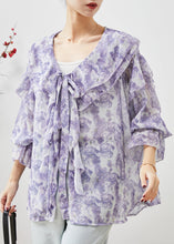 Load image into Gallery viewer, Unique Purple Rose Floral Ruffles Chiffon Shirt Top Spring