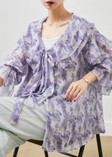 Load image into Gallery viewer, Unique Purple Rose Floral Ruffles Chiffon Shirt Top Spring