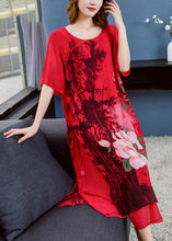 Load image into Gallery viewer, Unique Red O Neck Print Side Open Patchwork Chiffon Dress Summer