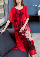 Load image into Gallery viewer, Unique Red O Neck Print Side Open Patchwork Chiffon Dress Summer