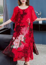 Load image into Gallery viewer, Unique Red O Neck Print Side Open Patchwork Chiffon Dress Summer