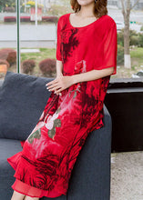 Load image into Gallery viewer, Unique Red O Neck Print Side Open Patchwork Chiffon Dress Summer