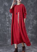 Load image into Gallery viewer, Unique Red Oversized Patchwork Chinese Button Linen Long Dress Spring