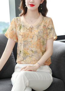 Unique Red Peter Pan Collar Print Chiffon Shirt Tops Summer