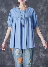 Load image into Gallery viewer, Unique Sky Blue Oversized Patchwork Linen Top Summer