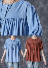 Load image into Gallery viewer, Unique Sky Blue Oversized Patchwork Linen Top Summer