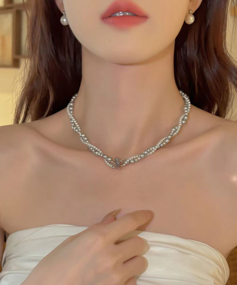 Unique Stainless Steel Double Layer Pearl Graduated Bead Necklace