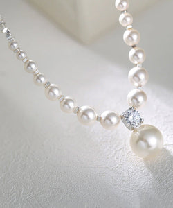 Unique White Pearl Zircon Broken Silver Pendant Necklace