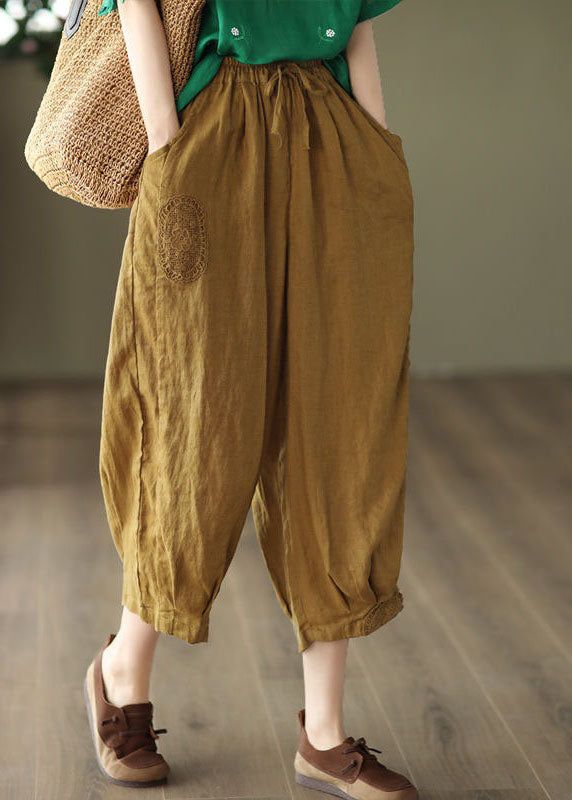 Unique Yellow Hollow Out Embroidered Linen Crop Pants Summer