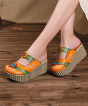 Load image into Gallery viewer, Unique Yellow Stripe Cowhide Leather Splicing Wedge Slide Sandals