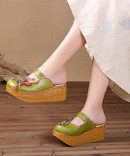 Load image into Gallery viewer, Unique Yellow Stripe Cowhide Leather Splicing Wedge Slide Sandals