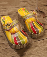 Load image into Gallery viewer, Unique Yellow Stripe Cowhide Leather Splicing Wedge Slide Sandals