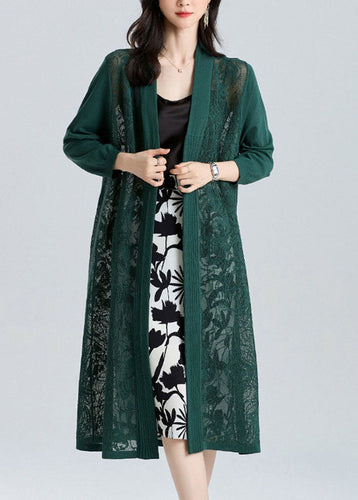 Unique Turquoise V Neck Embroidered Patchwork Thin Ice Size Long Knit Cardigan Summer