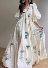 Load image into Gallery viewer, Vacation Style White Print Bubble Sleeved Cotton Dress