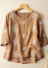 Load image into Gallery viewer, Vintage Brown O-Neck Embroidered Linen Shirt Top Summer