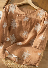 Load image into Gallery viewer, Vintage Brown O-Neck Embroidered Linen Shirt Top Summer