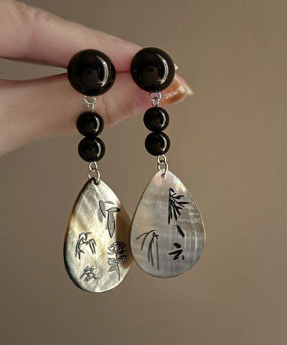 Vintage Black Acrylic Alloy Print Shell Water Drop Drop Earrings