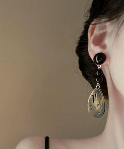 Vintage Black Acrylic Alloy Print Shell Water Drop Drop Earrings