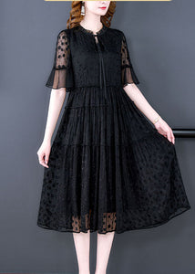 Vintage Black Embroidered Hollow Out Lace Long Dress Summer