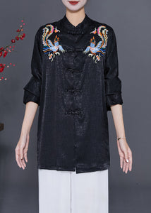 Vintage Black Embroidered Chinese Button Silk Blouses Fall