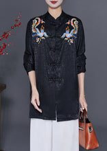 Load image into Gallery viewer, Vintage Black Embroidered Chinese Button Silk Blouses Fall