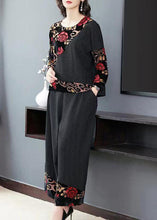 Load image into Gallery viewer, Vintage Black Embroidered Tops And Wide Leg Pants Cotton Two Piece Set Fall