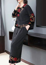 Load image into Gallery viewer, Vintage Black Embroidered Tops And Wide Leg Pants Cotton Two Piece Set Fall