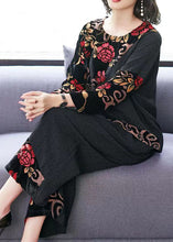 Load image into Gallery viewer, Vintage Black Embroidered Tops And Wide Leg Pants Cotton Two Piece Set Fall