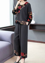 Load image into Gallery viewer, Vintage Black Embroidered Tops And Wide Leg Pants Cotton Two Piece Set Fall