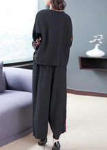 Load image into Gallery viewer, Vintage Black Embroidered Tops And Wide Leg Pants Cotton Two Piece Set Fall