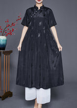 Load image into Gallery viewer, Vintage Black Mandarin Collar Jacquard Exra Large Hem Silk Dresses Summer