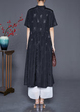 Load image into Gallery viewer, Vintage Black Mandarin Collar Jacquard Exra Large Hem Silk Dresses Summer