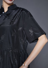 Load image into Gallery viewer, Vintage Black Mandarin Collar Jacquard Exra Large Hem Silk Dresses Summer