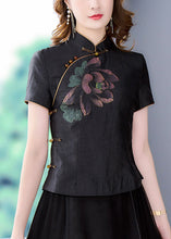 Load image into Gallery viewer, Vintage Black Stand Collar Print Chinese Button Silk Shirt Tops Summer