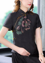 Load image into Gallery viewer, Vintage Black Stand Collar Print Chinese Button Silk Shirt Tops Summer