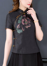 Load image into Gallery viewer, Vintage Black Stand Collar Print Chinese Button Silk Shirt Tops Summer