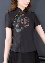 Load image into Gallery viewer, Vintage Black Stand Collar Print Chinese Button Silk Shirt Tops Summer