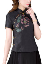 Load image into Gallery viewer, Vintage Black Stand Collar Print Chinese Button Silk Shirt Tops Summer