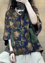 Load image into Gallery viewer, Vintage Blue Button Print Linen Blouse Half Sleeve