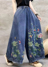 Load image into Gallery viewer, Vintage Blue Embroidered Elastic Waist Denim Wide Leg Pants Spring