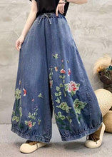 Load image into Gallery viewer, Vintage Blue Embroidered Elastic Waist Denim Wide Leg Pants Spring