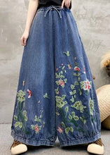 Load image into Gallery viewer, Vintage Blue Embroidered Elastic Waist Denim Wide Leg Pants Spring