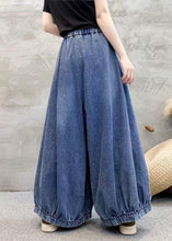 Load image into Gallery viewer, Vintage Blue Embroidered Elastic Waist Denim Wide Leg Pants Spring