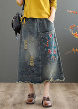 Load image into Gallery viewer, Vintage Blue Embroidered Floral Patchwork Patchwork A Line Skirt Summer