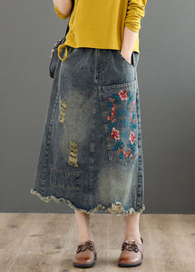 Vintage Blue Embroidered Floral Patchwork Patchwork A Line Skirt Summer