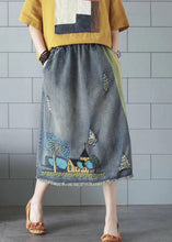 Load image into Gallery viewer, Vintage Blue Embroidered Floral Patchwork Patchwork A Line Skirt Summer