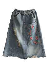 Load image into Gallery viewer, Vintage Blue Embroidered Floral Patchwork Patchwork A Line Skirt Summer